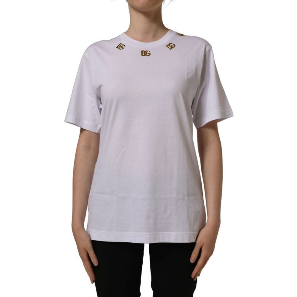 Dolce & Gabbana White Cotton Gold DG Logo Crew Neck Women's T-shirt